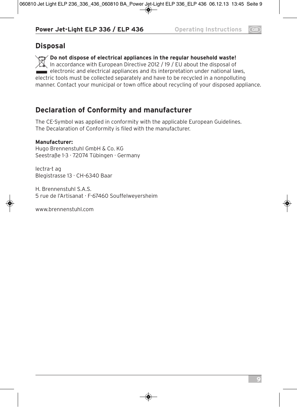 Disposal, Declaration of conformity and manufacturer | Brennenstuhl Power Jet-Light ELP 436 IP54 spotlight 5m H07RN-F 3G1,5 4x36W 4x2850lm Energy efficiency class B User Manual | Page 9 / 40