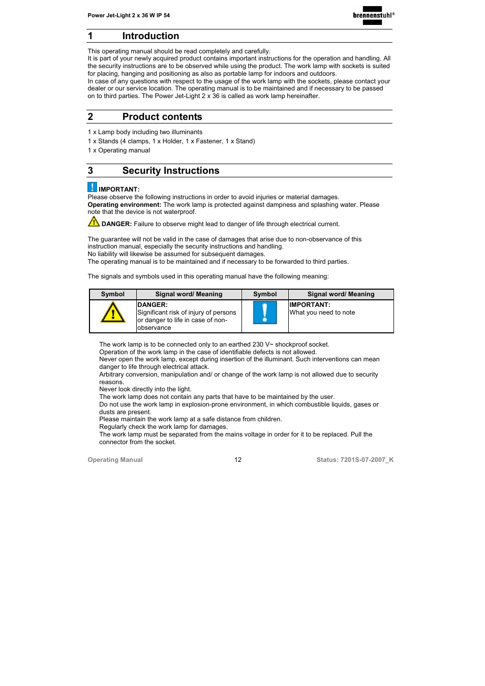 1 introduction, 2 product contents, 3 security instructions | Brennenstuhl Power-Jet-Light 2 x 36 Watt IP54 spotlight 5m H07RN-F 3G1,5 2x2850lm Energy efficiency class B User Manual | Page 12 / 52