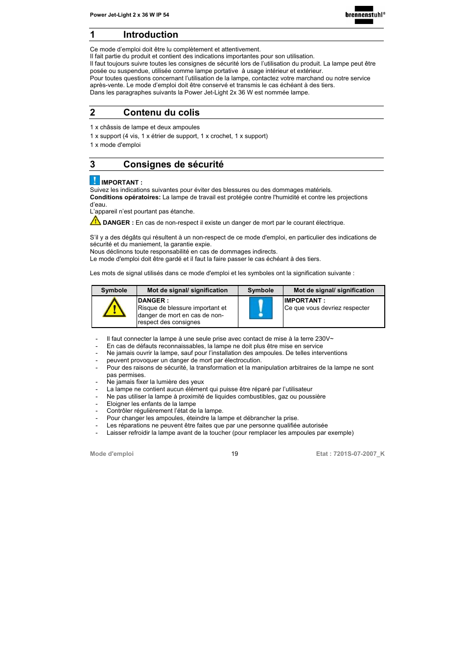 1 introduction, 2contenu du colis, 3consignes de sécurité | Brennenstuhl Power-Jet-Light 2 x 36 Watt IP54 spotlight 5m H07RN-F 3G1,5 2x2850lm Energy efficiency class B User Manual | Page 19 / 52