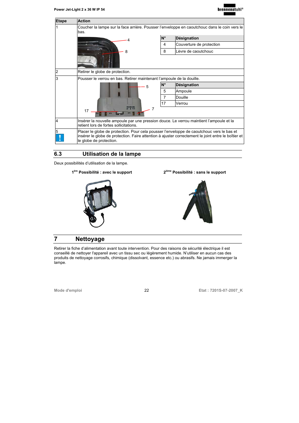 7 nettoyage, 3 utilisation de la lampe | Brennenstuhl Power-Jet-Light 2 x 36 Watt IP54 spotlight 5m H07RN-F 3G1,5 2x2850lm Energy efficiency class B User Manual | Page 22 / 52