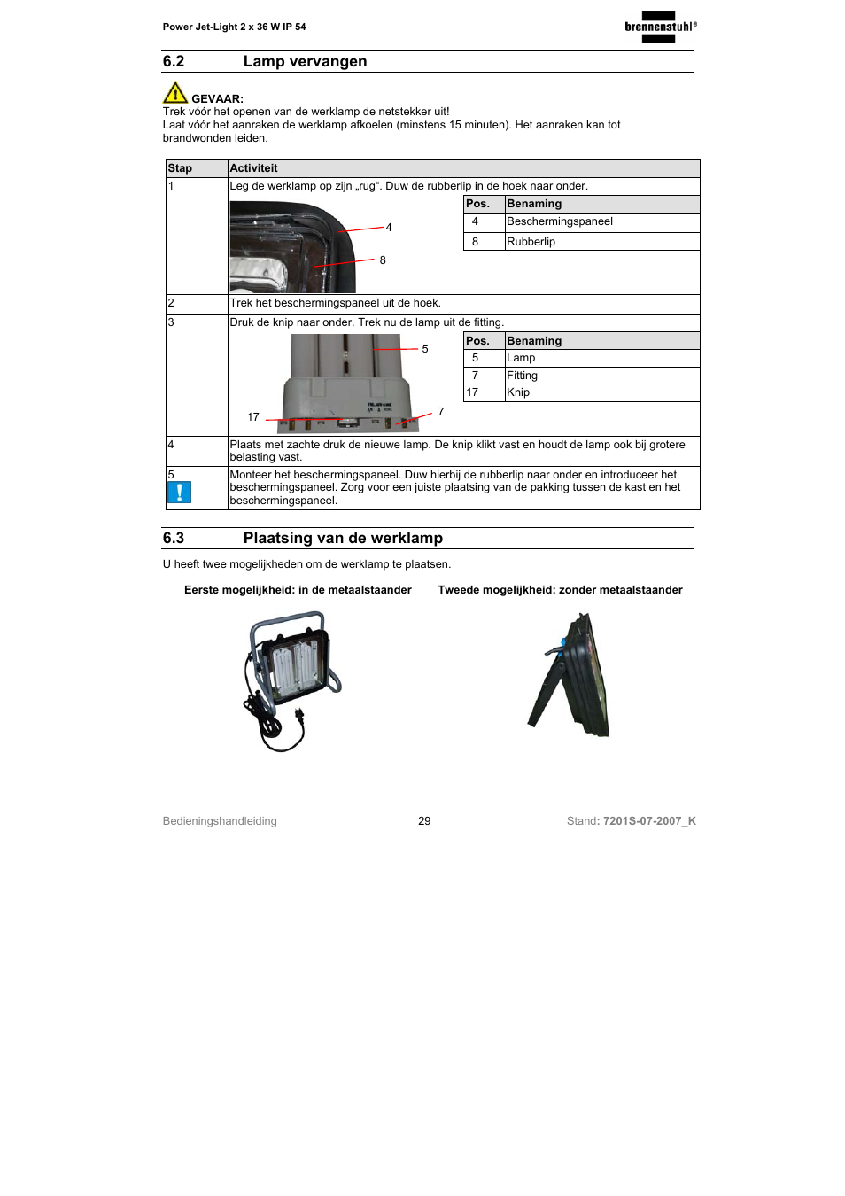 2 lamp vervangen, 3 plaatsing van de werklamp | Brennenstuhl Power-Jet-Light 2 x 36 Watt IP54 spotlight 5m H07RN-F 3G1,5 2x2850lm Energy efficiency class B User Manual | Page 29 / 52