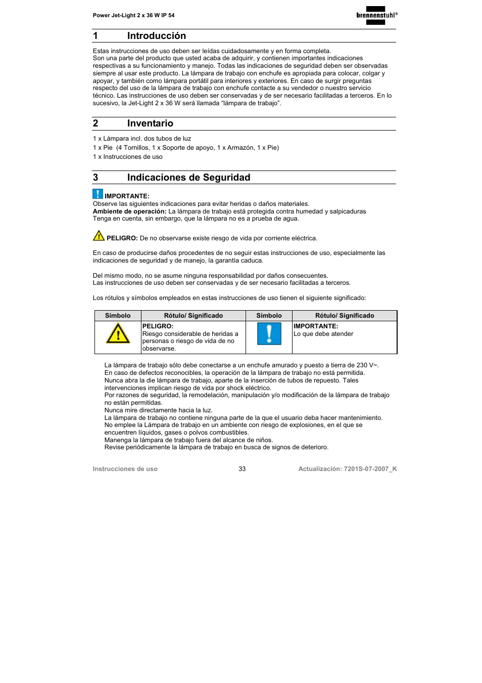 1 introducción, 2 inventario, 3indicaciones de seguridad | Brennenstuhl Power-Jet-Light 2 x 36 Watt IP54 spotlight 5m H07RN-F 3G1,5 2x2850lm Energy efficiency class B User Manual | Page 33 / 52