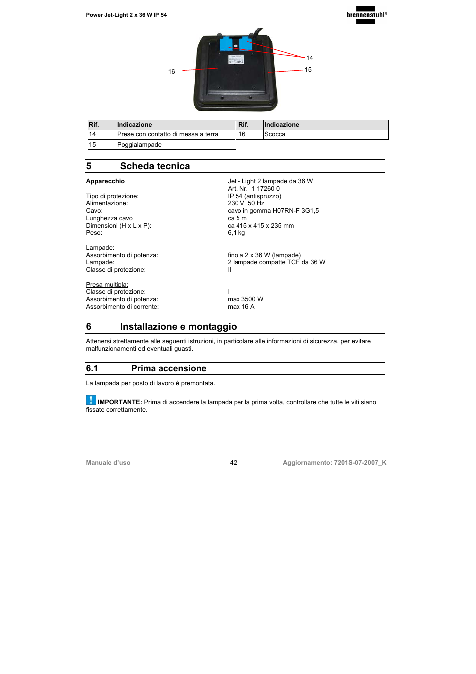 5scheda tecnica, 6installazione e montaggio, 1 prima accensione | Brennenstuhl Power-Jet-Light 2 x 36 Watt IP54 spotlight 5m H07RN-F 3G1,5 2x2850lm Energy efficiency class B User Manual | Page 42 / 52