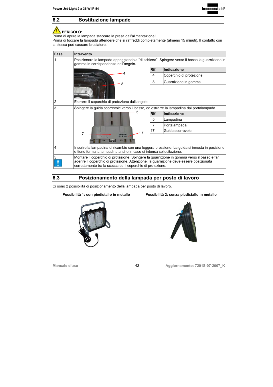 2 sostituzione lampade, 3 posizionamento della lampada per posto di lavoro | Brennenstuhl Power-Jet-Light 2 x 36 Watt IP54 spotlight 5m H07RN-F 3G1,5 2x2850lm Energy efficiency class B User Manual | Page 43 / 52