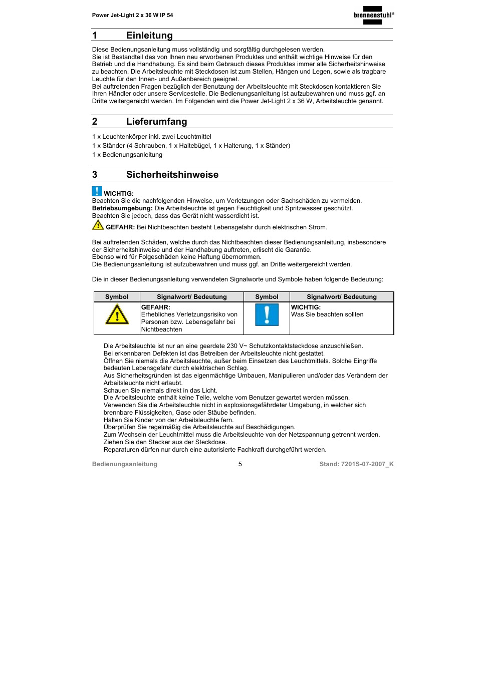 1 einleitung, 2 lieferumfang, 3 sicherheitshinweise | Brennenstuhl Power-Jet-Light 2 x 36 Watt IP54 spotlight 5m H07RN-F 3G1,5 2x2850lm Energy efficiency class B User Manual | Page 5 / 52