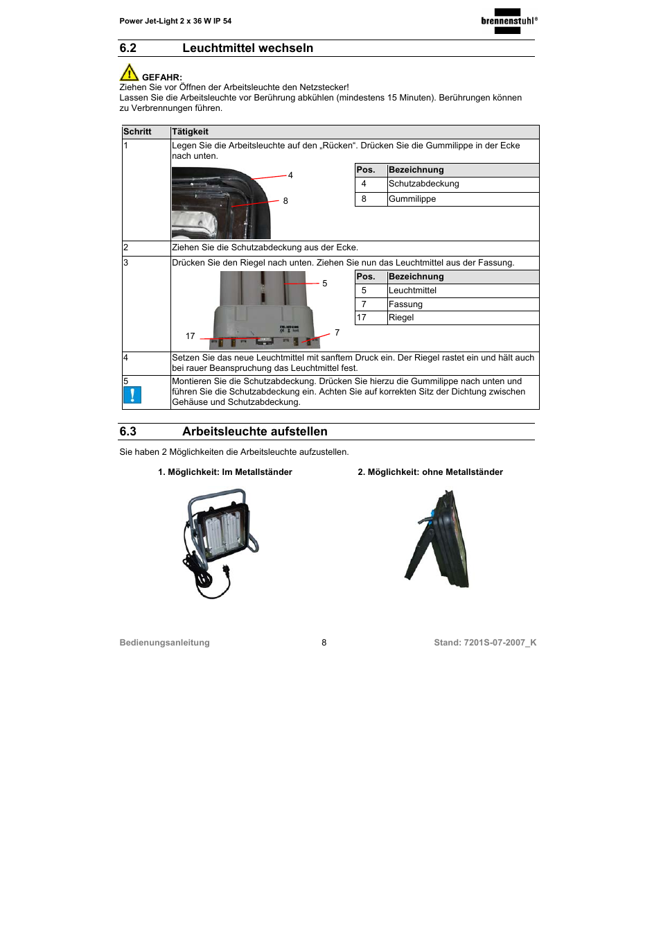 2 leuchtmittel wechseln, 3 arbeitsleuchte aufstellen | Brennenstuhl Power-Jet-Light 2 x 36 Watt IP54 spotlight 5m H07RN-F 3G1,5 2x2850lm Energy efficiency class B User Manual | Page 8 / 52