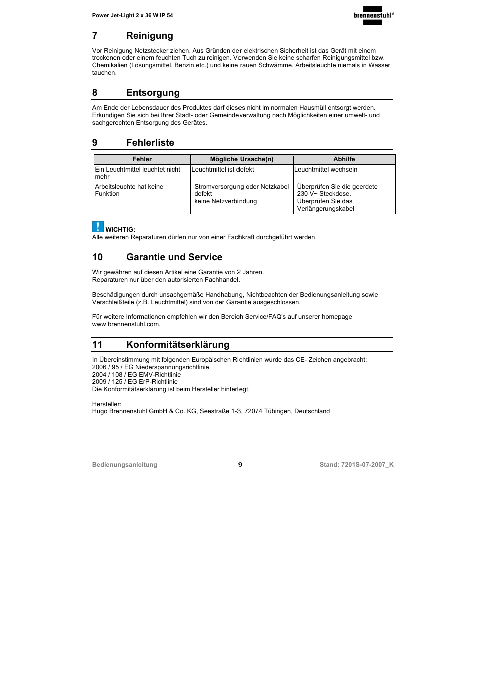 7 reinigung, 8 entsorgung, 9 fehlerliste | 10 garantie und service, 11 konformitätserklärung | Brennenstuhl Power-Jet-Light 2 x 36 Watt IP54 spotlight 5m H07RN-F 3G1,5 2x2850lm Energy efficiency class B User Manual | Page 9 / 52