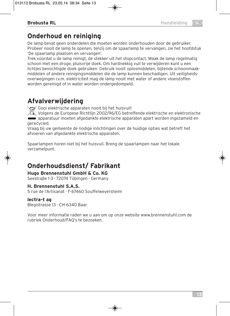 Onderhoud en reiniging, Afvalverwijdering, Onderhoudsdienst/ fabrikant | Brennenstuhl Brobusta All-round Lamp RL E27 IP54 5m H07RN-F 3G1,5 max.60W User Manual | Page 13 / 64
