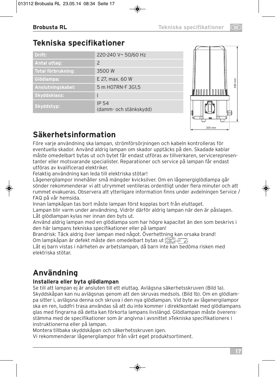 Säkerhetsinformation, Användning, Tekniska specifikationer | Brennenstuhl Brobusta All-round Lamp RL E27 IP54 5m H07RN-F 3G1,5 max.60W User Manual | Page 17 / 64