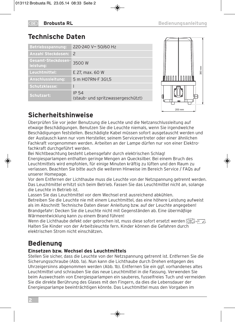 Technische daten, Sicherheitshinweise, Bedienung | Brennenstuhl Brobusta All-round Lamp RL E27 IP54 5m H07RN-F 3G1,5 max.60W User Manual | Page 2 / 64