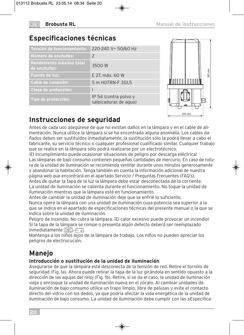 Instrucciones de seguridad, Manejo, Especificaciones técnicas | Brennenstuhl Brobusta All-round Lamp RL E27 IP54 5m H07RN-F 3G1,5 max.60W User Manual | Page 20 / 64