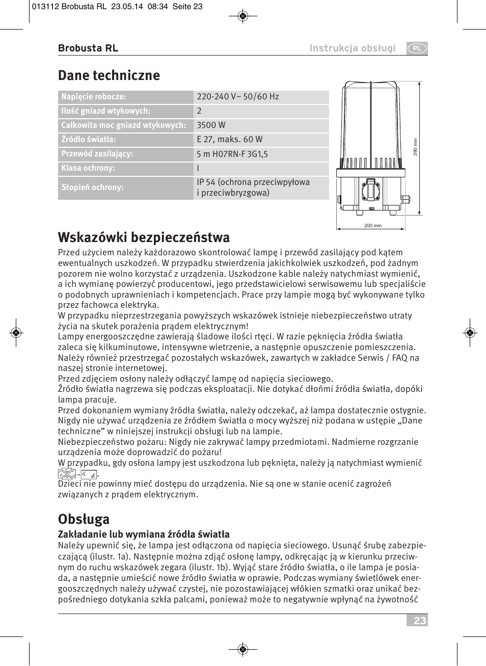 Wskazówki bezpieczeństwa, Obsługa, Dane techniczne | Brennenstuhl Brobusta All-round Lamp RL E27 IP54 5m H07RN-F 3G1,5 max.60W User Manual | Page 23 / 64