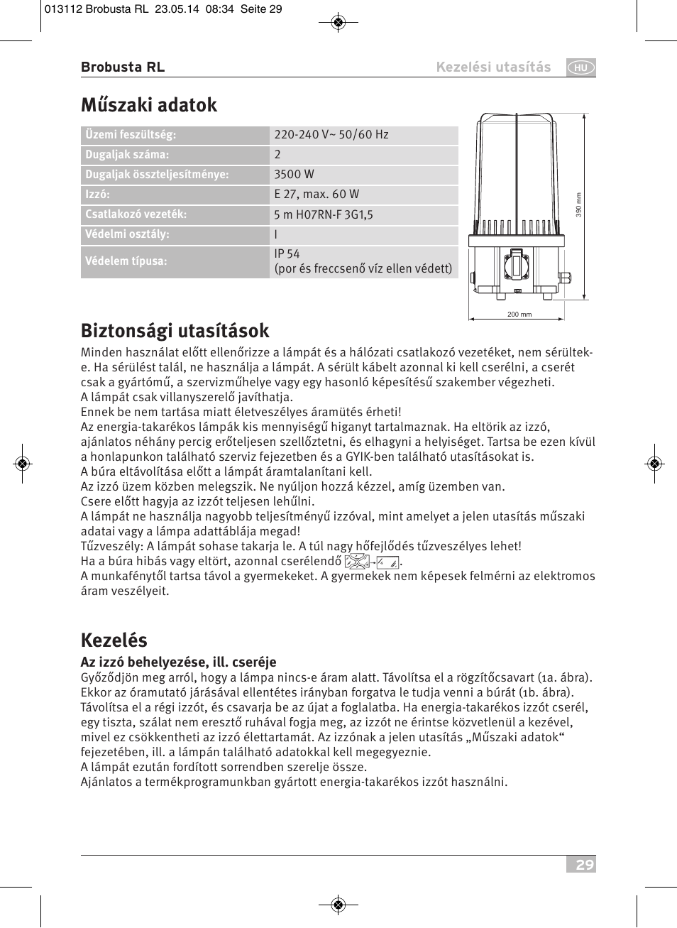 Biztonsági utasítások, Kezelés, Műszaki adatok | Brennenstuhl Brobusta All-round Lamp RL E27 IP54 5m H07RN-F 3G1,5 max.60W User Manual | Page 29 / 64