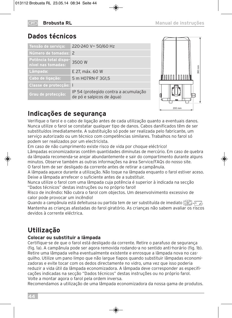 Indicações de segurança, Utilização, Dados técnicos | Brennenstuhl Brobusta All-round Lamp RL E27 IP54 5m H07RN-F 3G1,5 max.60W User Manual | Page 44 / 64