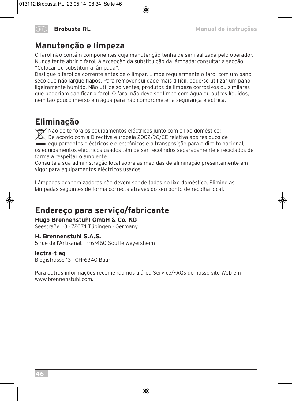 Manutenção e limpeza, Eliminação, Endereço para serviço/fabricante | Brennenstuhl Brobusta All-round Lamp RL E27 IP54 5m H07RN-F 3G1,5 max.60W User Manual | Page 46 / 64