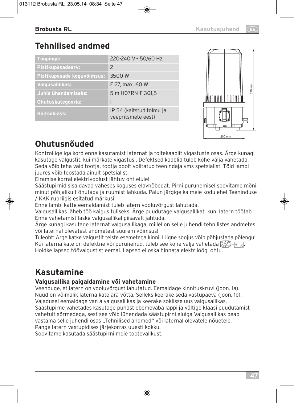 Ohutusnõuded, Kasutamine, Tehnilised andmed | Brennenstuhl Brobusta All-round Lamp RL E27 IP54 5m H07RN-F 3G1,5 max.60W User Manual | Page 47 / 64