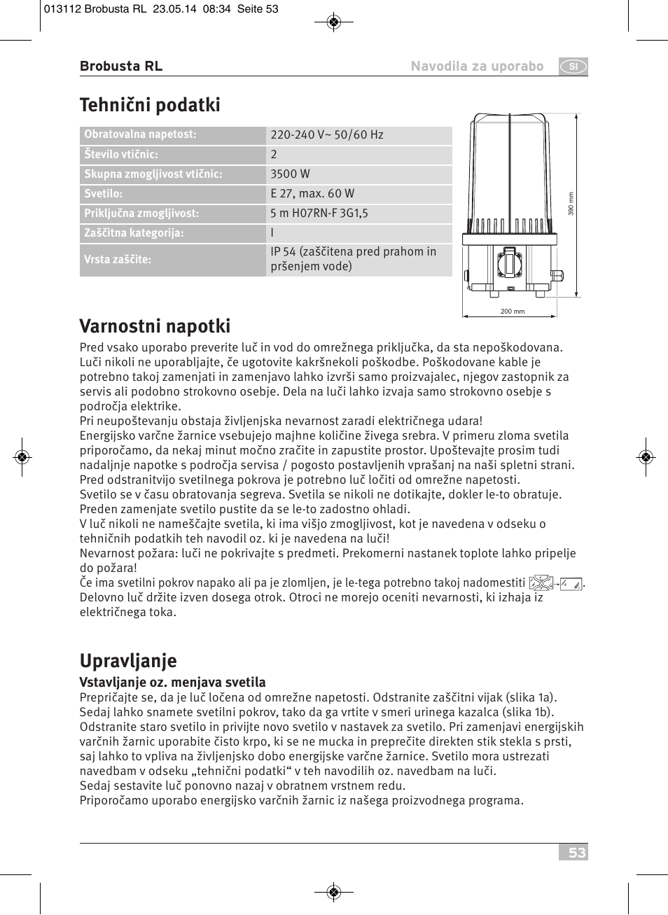 Varnostni napotki, Upravljanje, Tehnični podatki | Brennenstuhl Brobusta All-round Lamp RL E27 IP54 5m H07RN-F 3G1,5 max.60W User Manual | Page 53 / 64