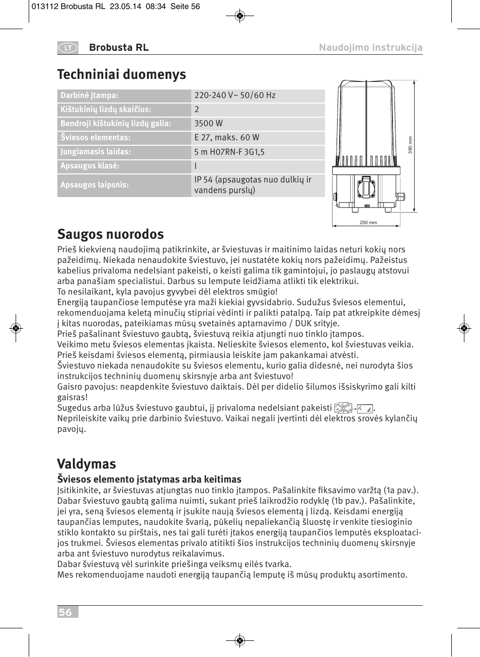 Saugos nuorodos, Valdymas, Techniniai duomenys | Brennenstuhl Brobusta All-round Lamp RL E27 IP54 5m H07RN-F 3G1,5 max.60W User Manual | Page 56 / 64