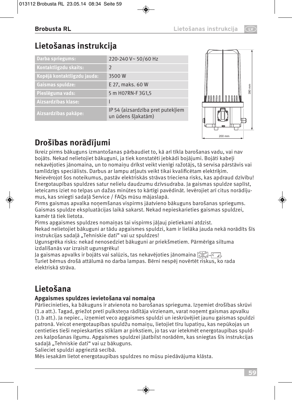 Drošības norādījumi, Lietošana, Lietošanas instrukcija | Brennenstuhl Brobusta All-round Lamp RL E27 IP54 5m H07RN-F 3G1,5 max.60W User Manual | Page 59 / 64