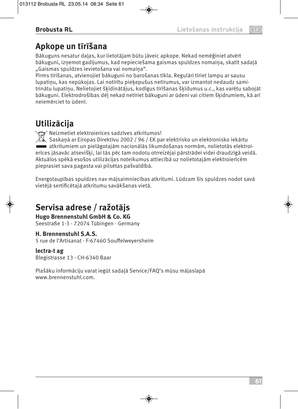 Apkope un tīrīšana, Utilizācija, Servisa adrese / ražotājs | Brennenstuhl Brobusta All-round Lamp RL E27 IP54 5m H07RN-F 3G1,5 max.60W User Manual | Page 61 / 64