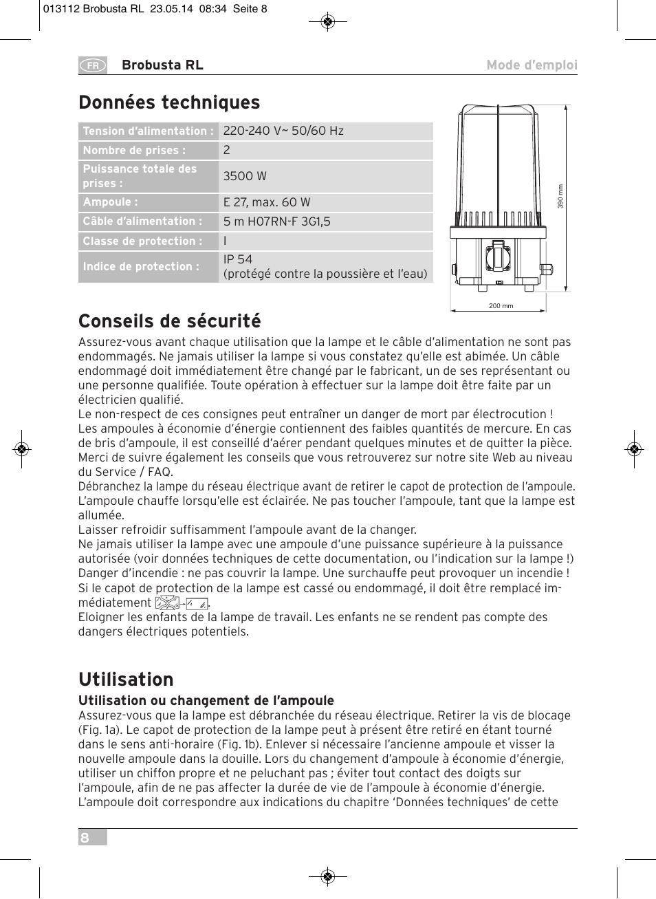 Conseils de sécurité, Utilisation, Données techniques | Brennenstuhl Brobusta All-round Lamp RL E27 IP54 5m H07RN-F 3G1,5 max.60W User Manual | Page 8 / 64