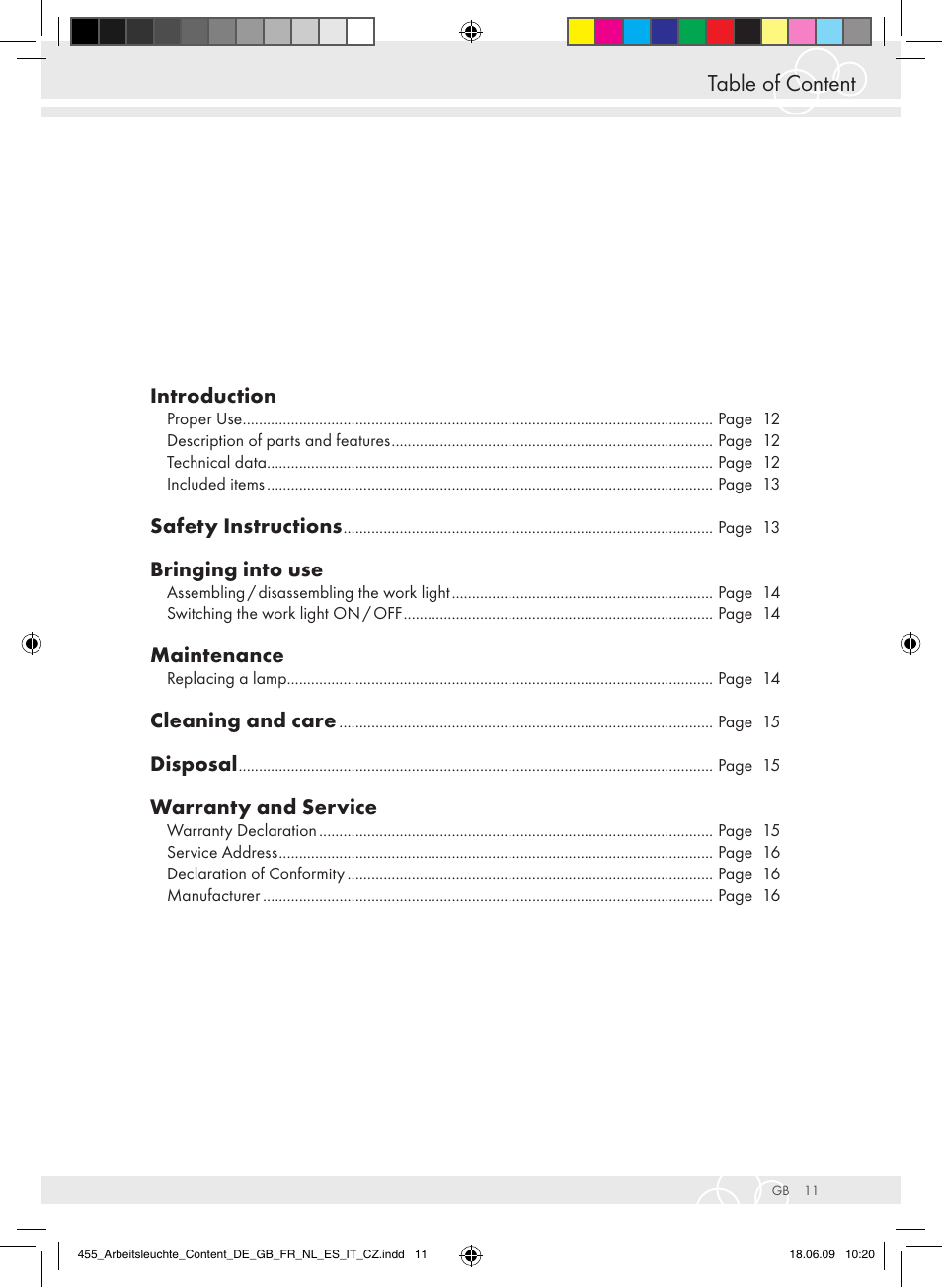 Table of content, Introduction, Safety instructions | Bringing into use, Maintenance, Cleaning and care, Disposal, Warranty and service | Brennenstuhl Power Jet-Light 4 x 55 Watt IP54 spotlight 5m H07RN-F 3G1,5 4x4800lm Energy efficiency class A User Manual | Page 15 / 52