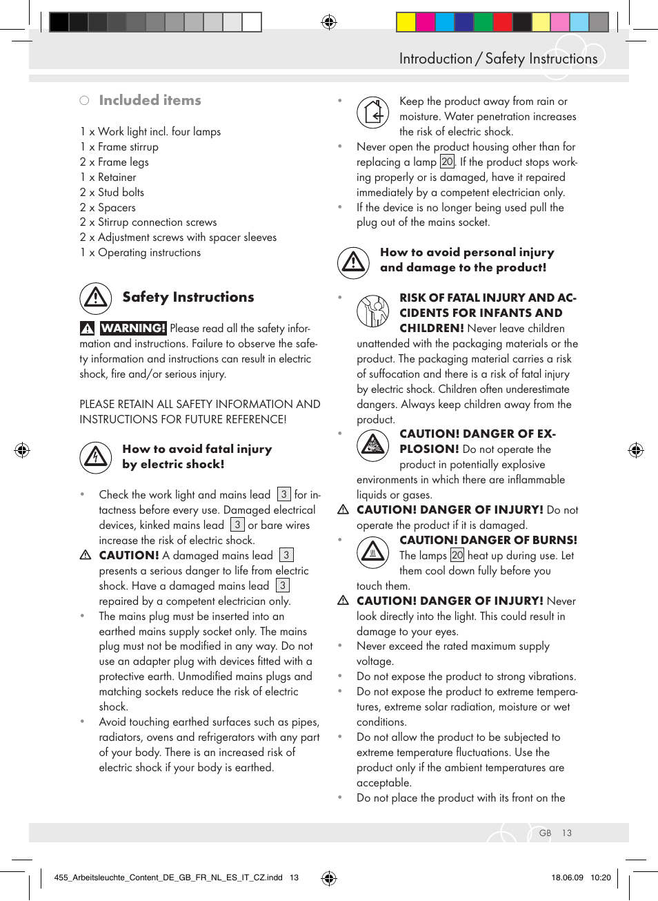 Introduction / safety instructions, Included items, Safety instructions | Brennenstuhl Power Jet-Light 4 x 55 Watt IP54 spotlight 5m H07RN-F 3G1,5 4x4800lm Energy efficiency class A User Manual | Page 17 / 52