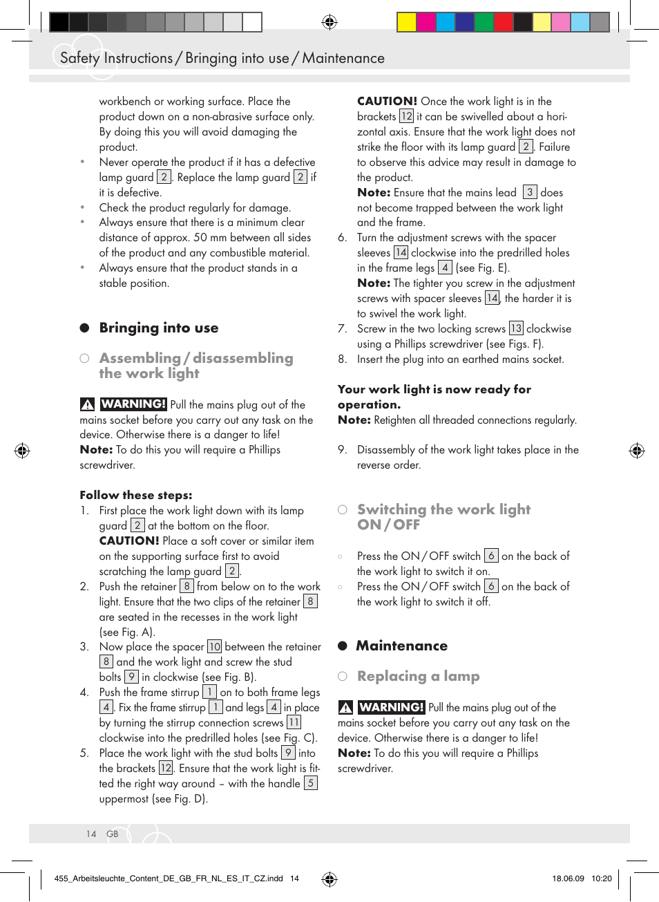 Bringing into use, Assembling / disassembling the work light, Switching the work light on / off | Maintenance, Replacing a lamp | Brennenstuhl Power Jet-Light 4 x 55 Watt IP54 spotlight 5m H07RN-F 3G1,5 4x4800lm Energy efficiency class A User Manual | Page 18 / 52