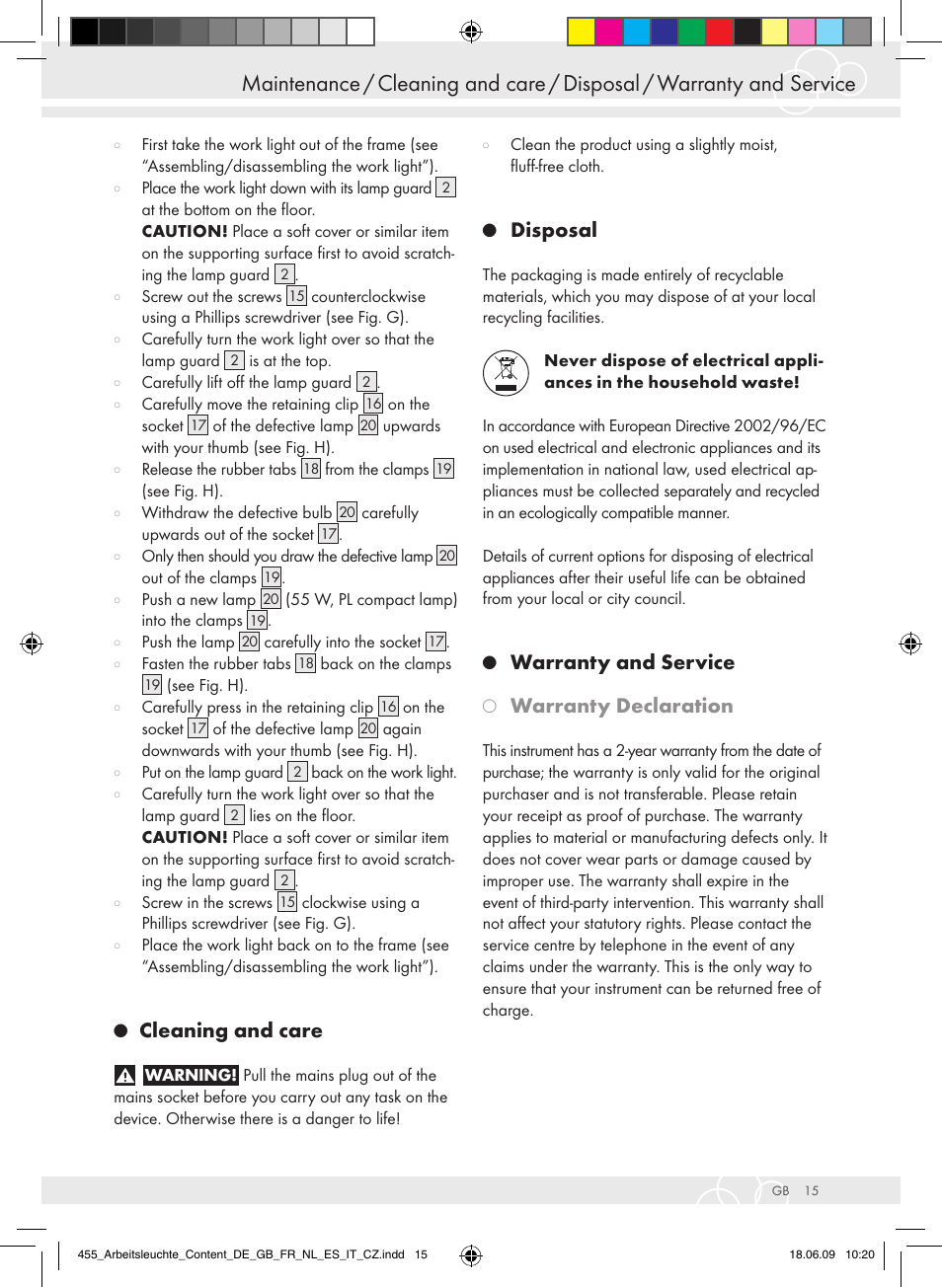 Cleaning and care, Disposal, Warranty and service | Warranty declaration | Brennenstuhl Power Jet-Light 4 x 55 Watt IP54 spotlight 5m H07RN-F 3G1,5 4x4800lm Energy efficiency class A User Manual | Page 19 / 52