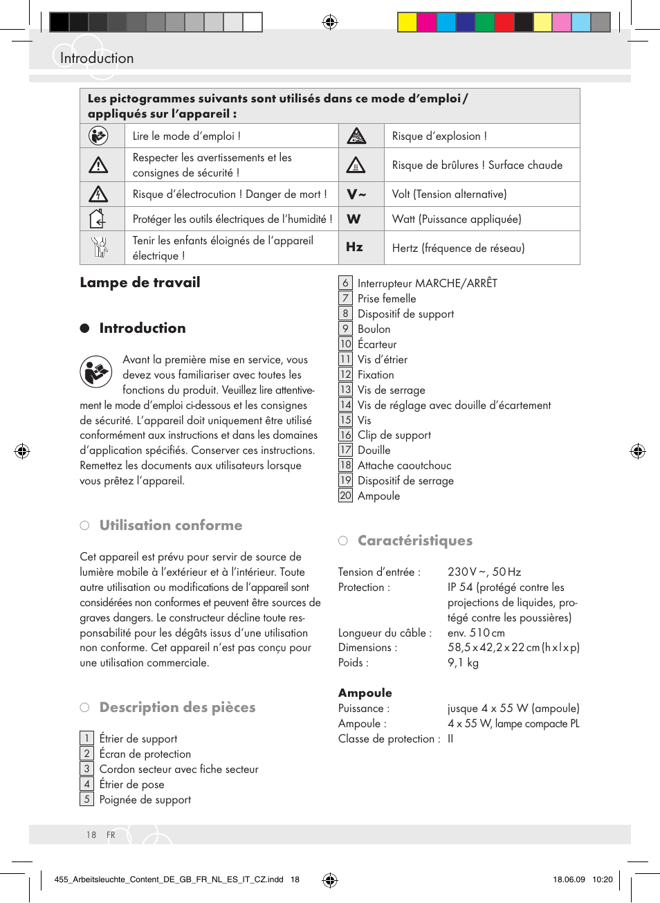 Introduction, Lampe de travail, Utilisation conforme | Description des pièces, Caractéristiques | Brennenstuhl Power Jet-Light 4 x 55 Watt IP54 spotlight 5m H07RN-F 3G1,5 4x4800lm Energy efficiency class A User Manual | Page 22 / 52