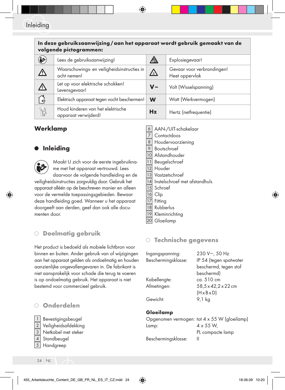 Inleiding, Werklamp, Doelmatig gebruik | Onderdelen, Technische gegevens | Brennenstuhl Power Jet-Light 4 x 55 Watt IP54 spotlight 5m H07RN-F 3G1,5 4x4800lm Energy efficiency class A User Manual | Page 28 / 52