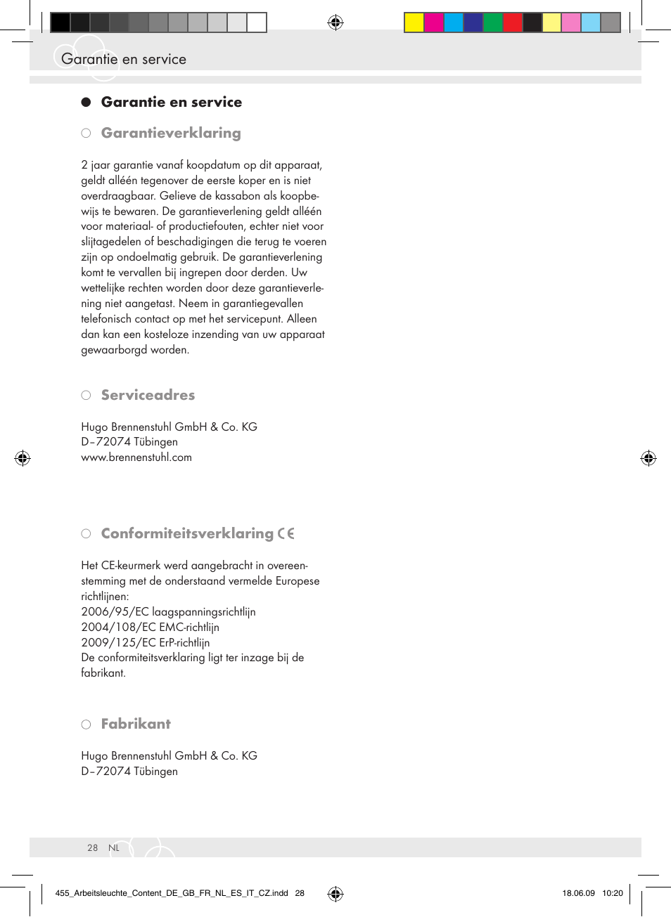 Garantie en service, Garantieverklaring, Serviceadres | Conformiteitsverklaring, Fabrikant | Brennenstuhl Power Jet-Light 4 x 55 Watt IP54 spotlight 5m H07RN-F 3G1,5 4x4800lm Energy efficiency class A User Manual | Page 32 / 52