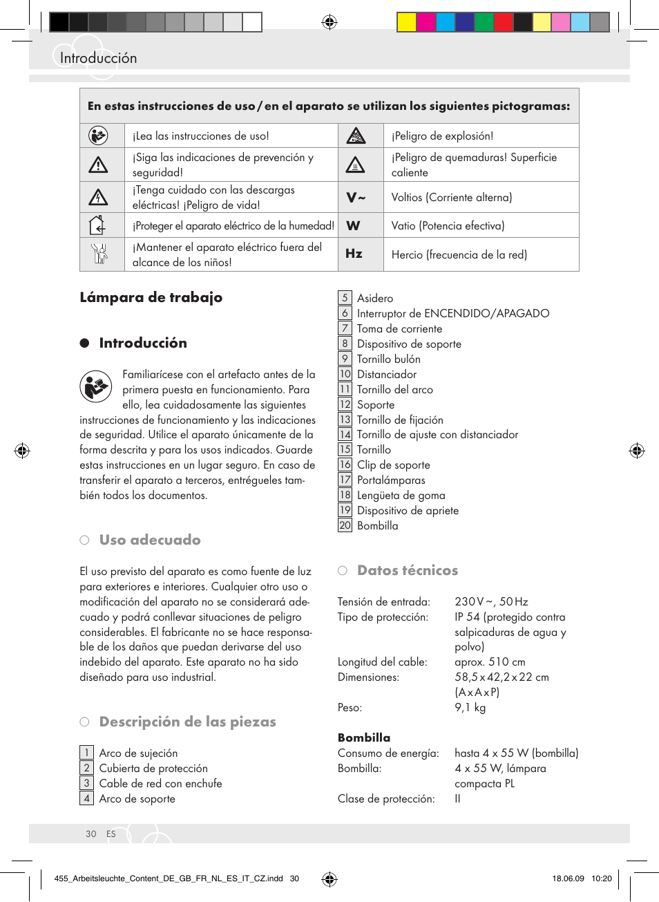 Introducción, Lámpara de trabajo, Uso adecuado | Descripción de las piezas, Datos técnicos | Brennenstuhl Power Jet-Light 4 x 55 Watt IP54 spotlight 5m H07RN-F 3G1,5 4x4800lm Energy efficiency class A User Manual | Page 34 / 52