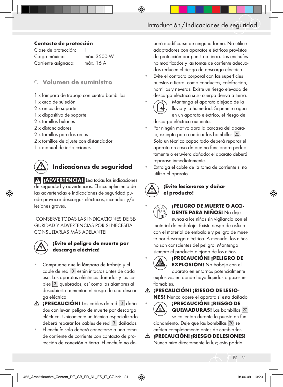 Introducción / indicaciones de seguridad, Volumen de suministro, Indicaciones de seguridad | Brennenstuhl Power Jet-Light 4 x 55 Watt IP54 spotlight 5m H07RN-F 3G1,5 4x4800lm Energy efficiency class A User Manual | Page 35 / 52