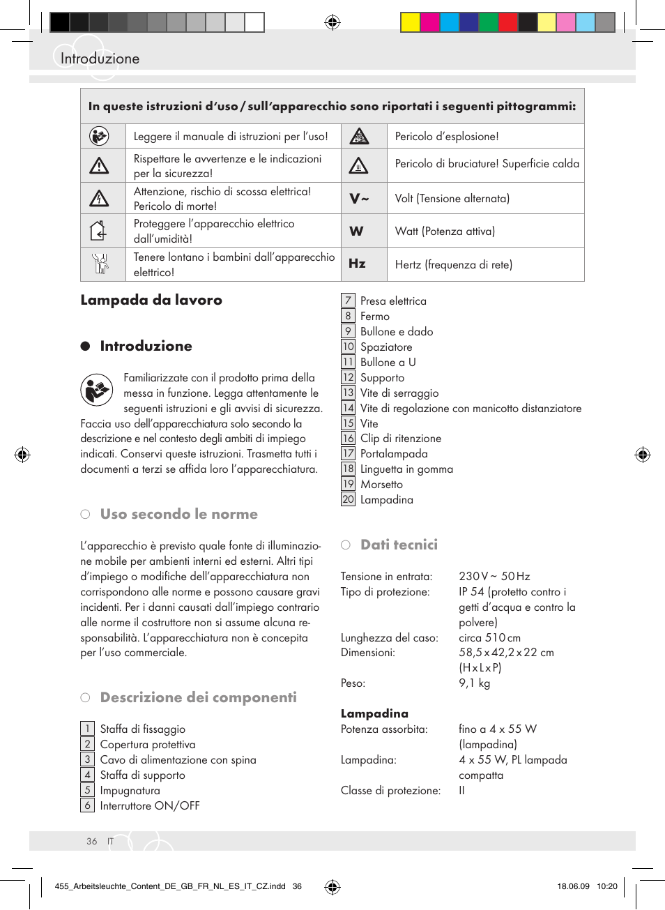 Introduzione, Lampada da lavoro, Uso secondo le norme | Descrizione dei componenti, Dati tecnici | Brennenstuhl Power Jet-Light 4 x 55 Watt IP54 spotlight 5m H07RN-F 3G1,5 4x4800lm Energy efficiency class A User Manual | Page 40 / 52