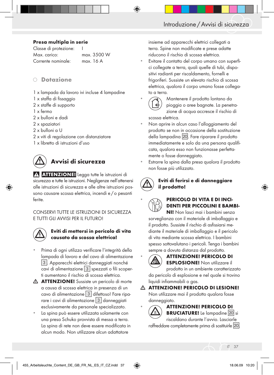 Introduzione / avvisi di sicurezza, Dotazione, Avvisi di sicurezza | Brennenstuhl Power Jet-Light 4 x 55 Watt IP54 spotlight 5m H07RN-F 3G1,5 4x4800lm Energy efficiency class A User Manual | Page 41 / 52