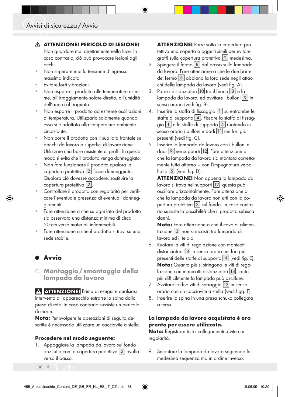 Avvisi di sicurezza / avvio, Avvio, Montaggio / smontaggio della lampada da lavoro | Brennenstuhl Power Jet-Light 4 x 55 Watt IP54 spotlight 5m H07RN-F 3G1,5 4x4800lm Energy efficiency class A User Manual | Page 42 / 52