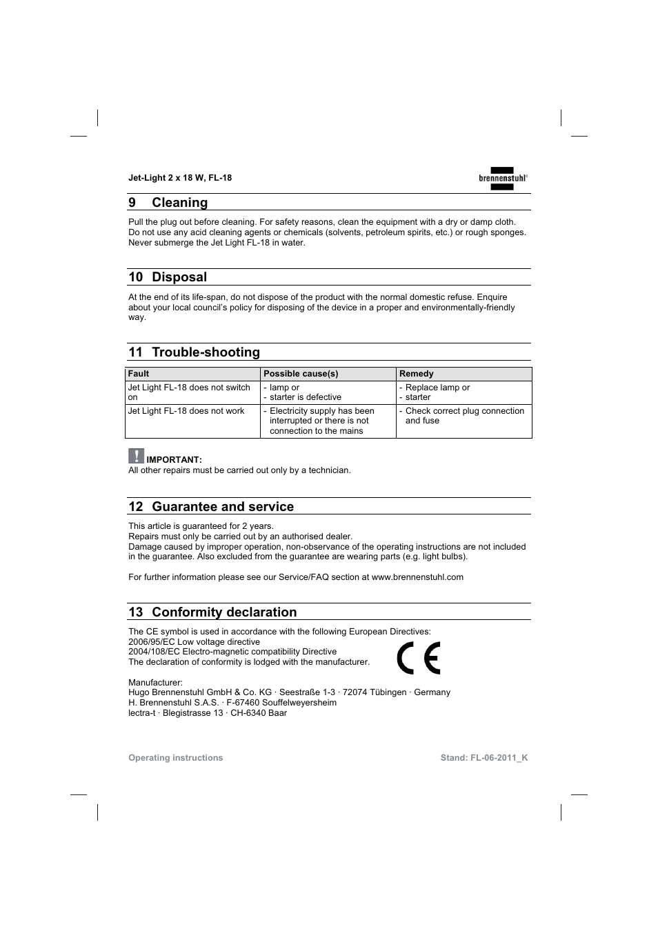 9 cleaning, 10 disposal, 11 trouble-shooting | 12 guarantee and service, 13 conformity declaration | Brennenstuhl Flat Light Jet-Light 36Watt IP44 5m H07RN-F 2x1,0 2x18W 2x1200lm Energy efficiency class B User Manual | Page 12 / 64