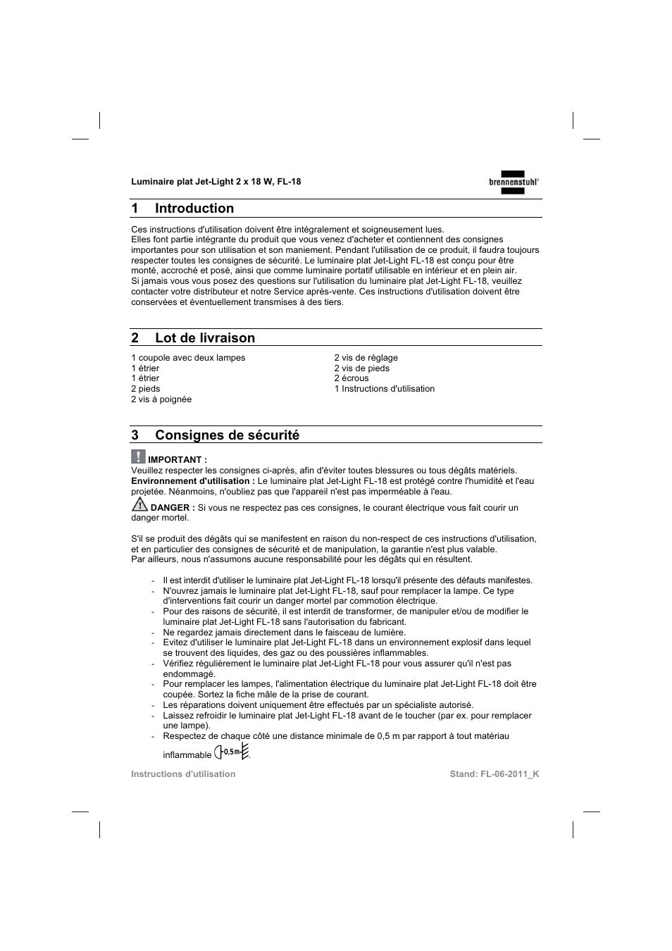 1 introduction, 2lot de livraison, 3consignes de sécurité | Brennenstuhl Flat Light Jet-Light 36Watt IP44 5m H07RN-F 2x1,0 2x18W 2x1200lm Energy efficiency class B User Manual | Page 14 / 64