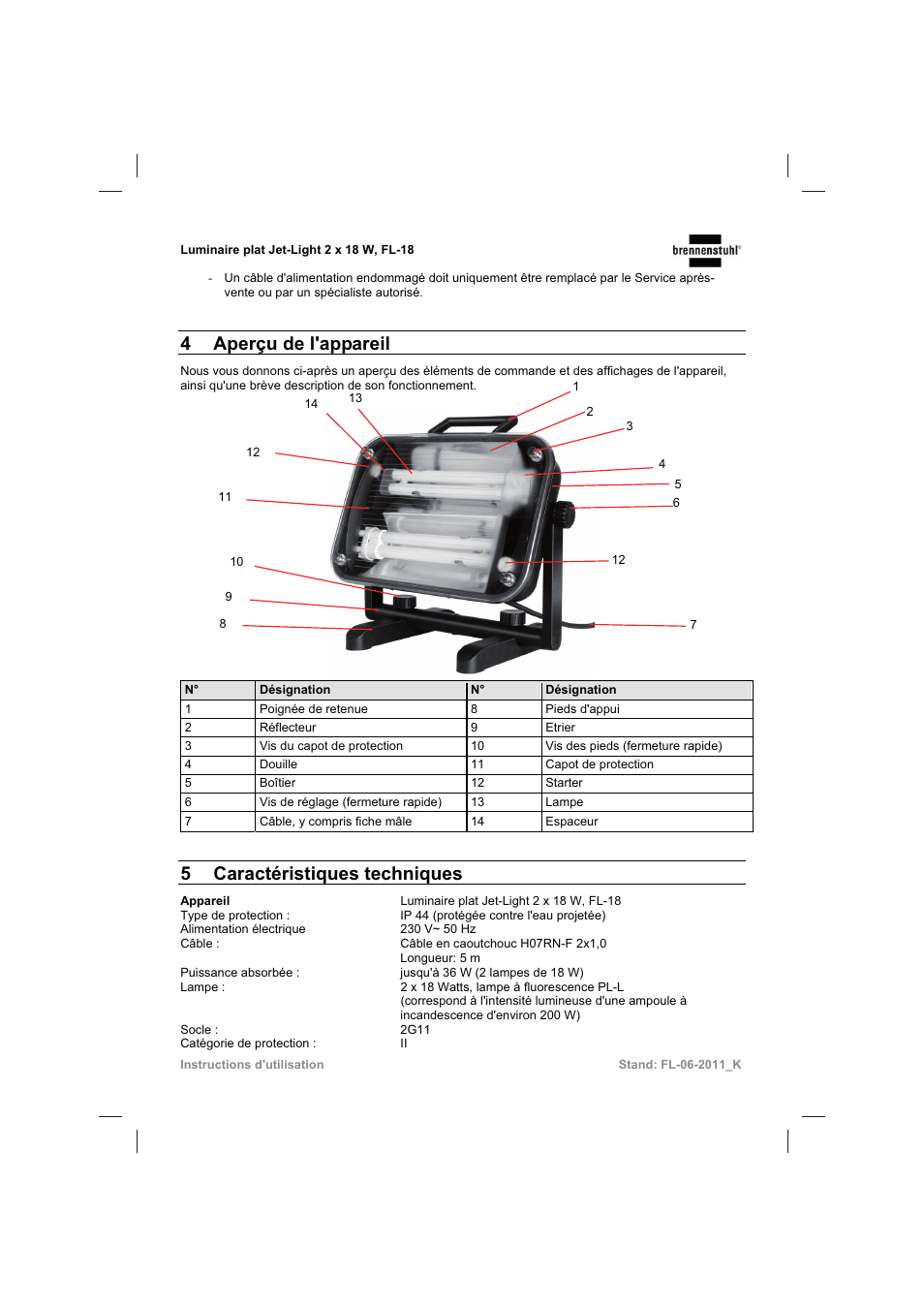 4aperçu de l'appareil, 5 caractéristiques techniques | Brennenstuhl Flat Light Jet-Light 36Watt IP44 5m H07RN-F 2x1,0 2x18W 2x1200lm Energy efficiency class B User Manual | Page 15 / 64