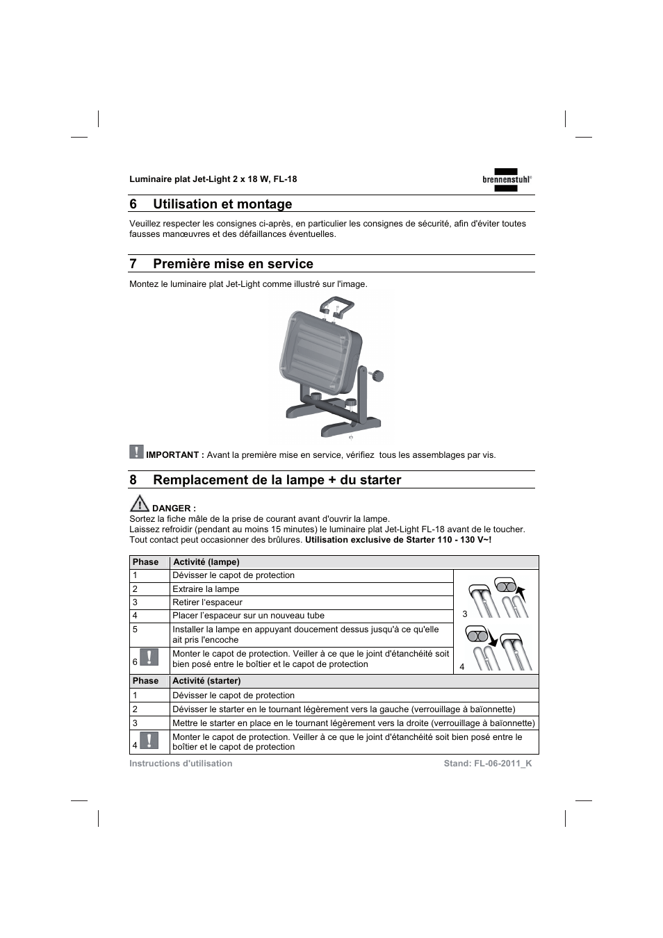 6 utilisation et montage, 7première mise en service, 8remplacement de la lampe + du starter | Brennenstuhl Flat Light Jet-Light 36Watt IP44 5m H07RN-F 2x1,0 2x18W 2x1200lm Energy efficiency class B User Manual | Page 16 / 64