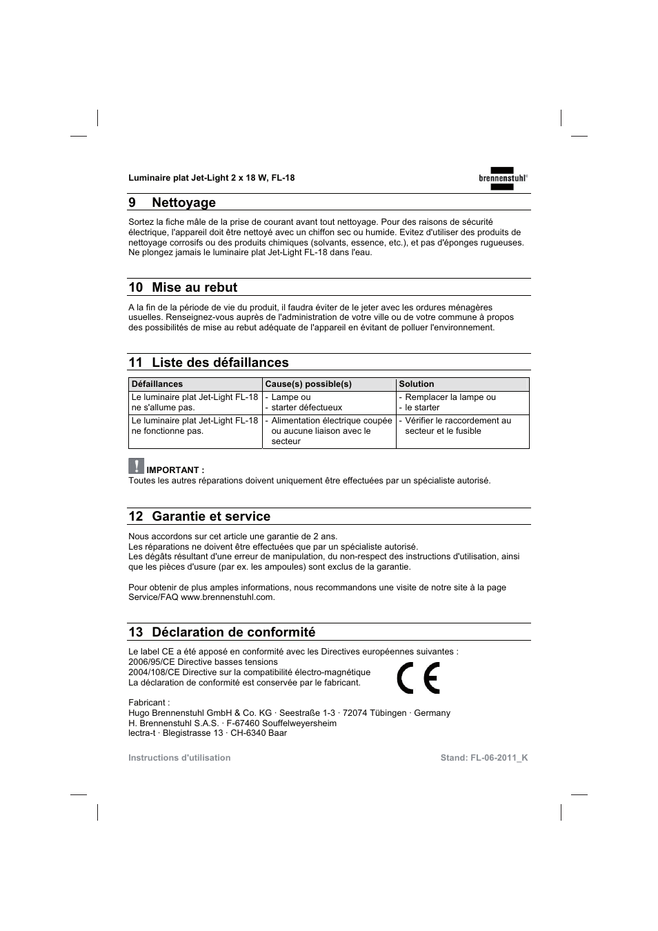 9 nettoyage, 10 mise au rebut, 11 liste des défaillances | 12 garantie et service, 13 déclaration de conformité | Brennenstuhl Flat Light Jet-Light 36Watt IP44 5m H07RN-F 2x1,0 2x18W 2x1200lm Energy efficiency class B User Manual | Page 17 / 64