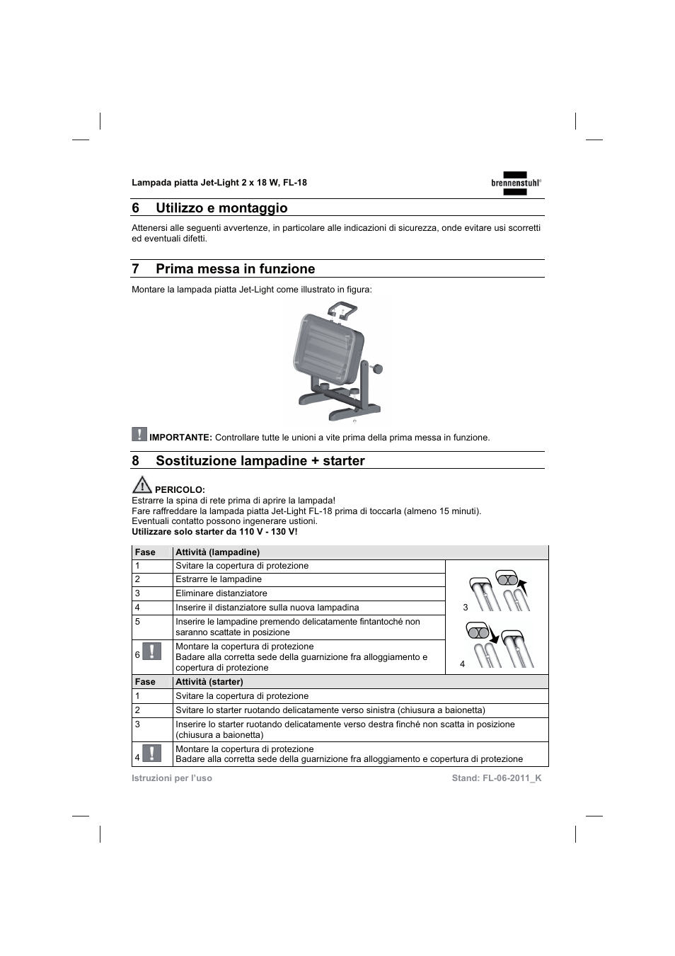 6 utilizzo e montaggio, 7prima messa in funzione, 8sostituzione lampadine + starter | Brennenstuhl Flat Light Jet-Light 36Watt IP44 5m H07RN-F 2x1,0 2x18W 2x1200lm Energy efficiency class B User Manual | Page 26 / 64