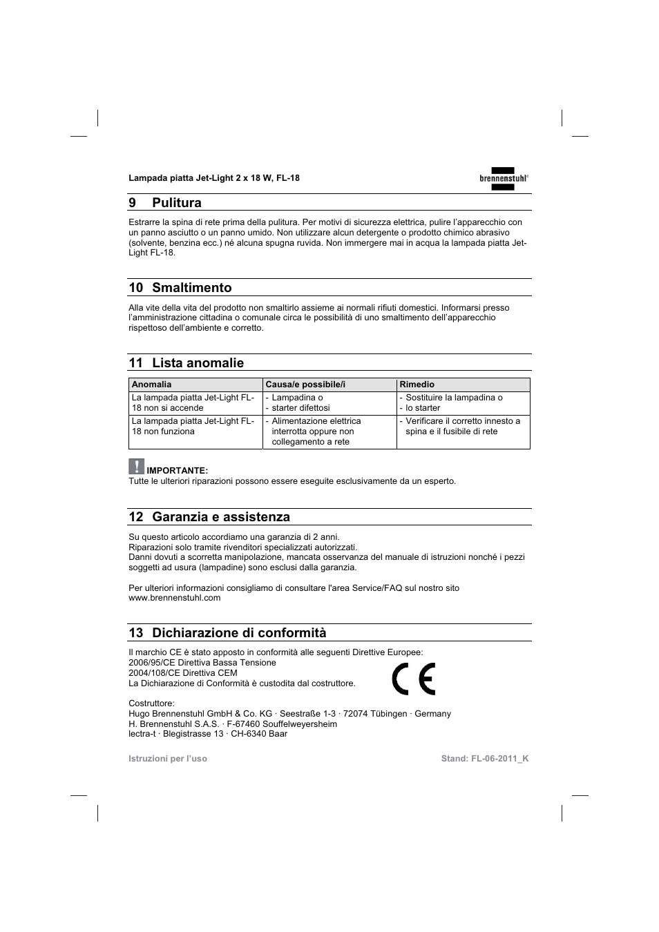 9 pulitura, 10 smaltimento, 11 lista anomalie | 12 garanzia e assistenza, 13 dichiarazione di conformità | Brennenstuhl Flat Light Jet-Light 36Watt IP44 5m H07RN-F 2x1,0 2x18W 2x1200lm Energy efficiency class B User Manual | Page 27 / 64