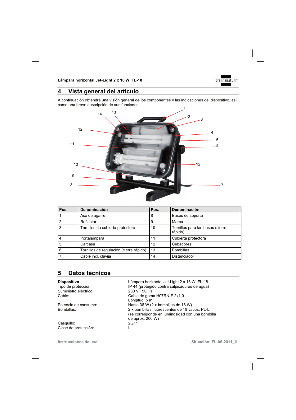 4vista general del artículo, 5 datos técnicos | Brennenstuhl Flat Light Jet-Light 36Watt IP44 5m H07RN-F 2x1,0 2x18W 2x1200lm Energy efficiency class B User Manual | Page 30 / 64