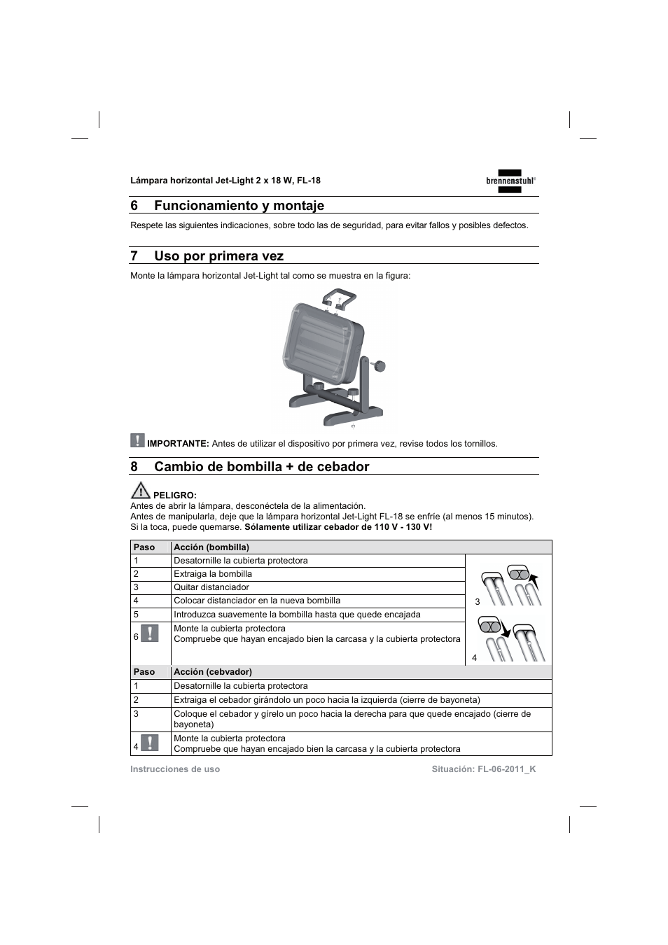 6 funcionamiento y montaje, 7uso por primera vez, 8cambio de bombilla + de cebador | Brennenstuhl Flat Light Jet-Light 36Watt IP44 5m H07RN-F 2x1,0 2x18W 2x1200lm Energy efficiency class B User Manual | Page 31 / 64