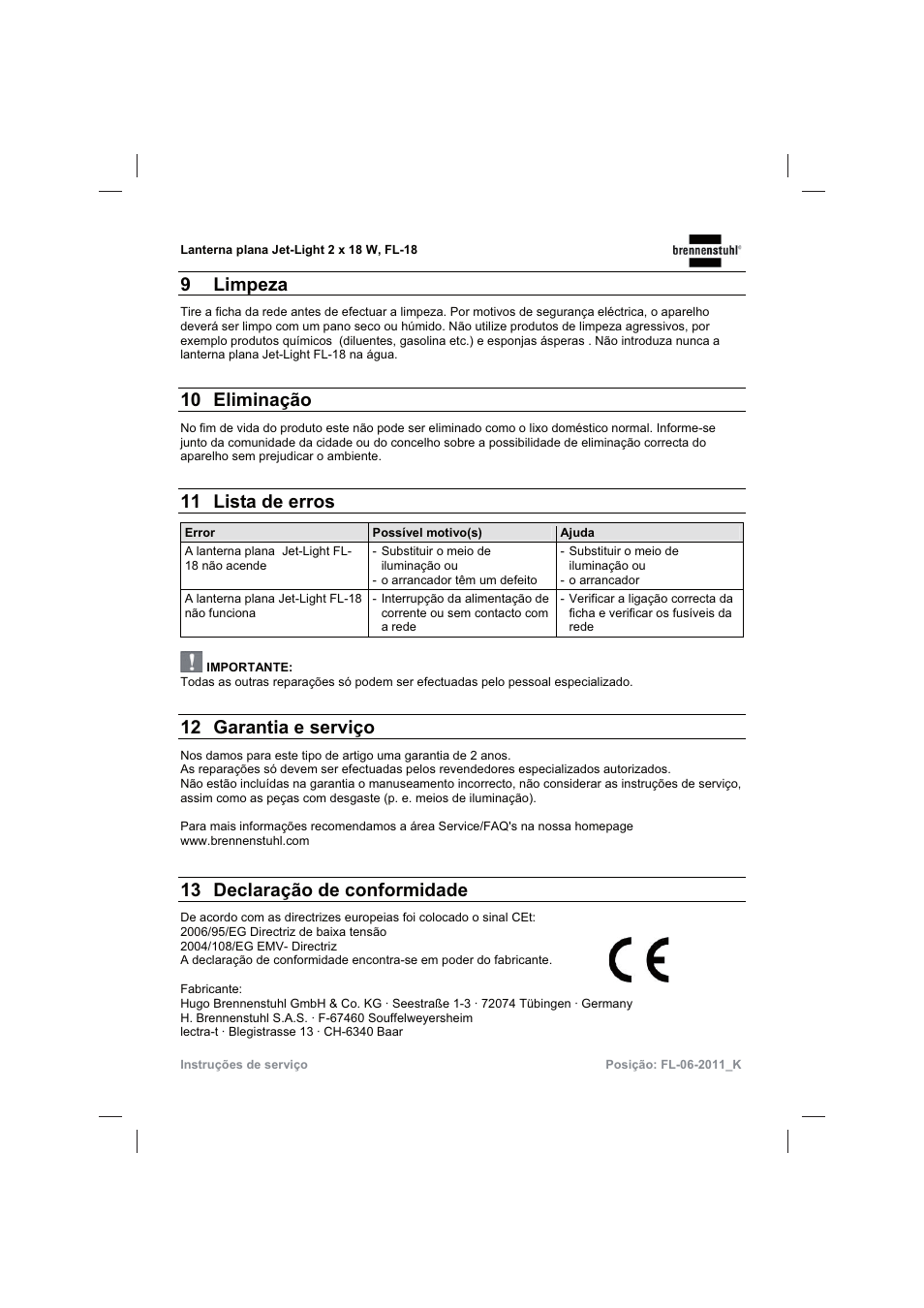 9 limpeza, 10 eliminação, 11 lista de erros | 12 garantia e serviço, 13 declaração de conformidade | Brennenstuhl Flat Light Jet-Light 36Watt IP44 5m H07RN-F 2x1,0 2x18W 2x1200lm Energy efficiency class B User Manual | Page 37 / 64