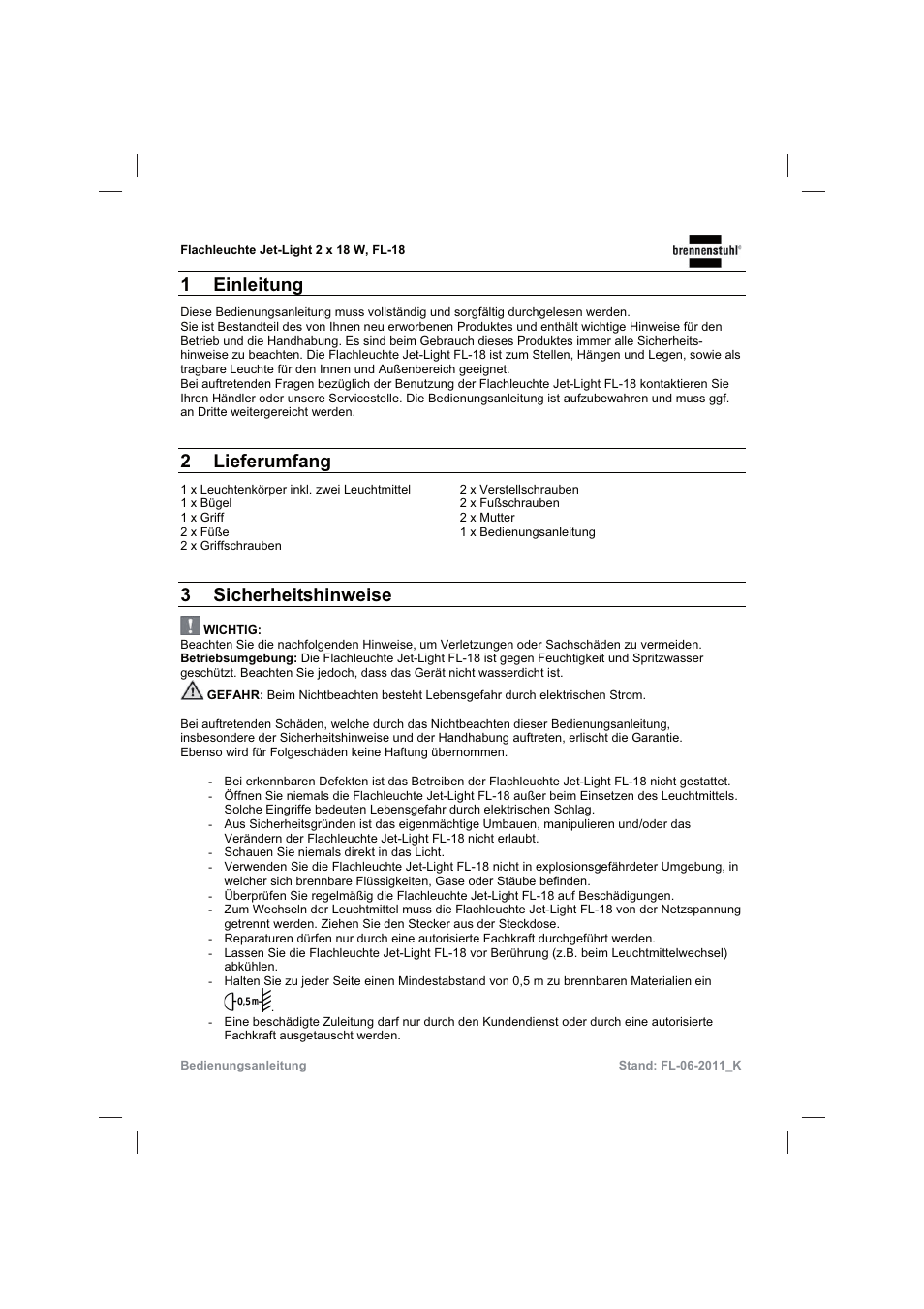 1 einleitung, 2 lieferumfang, 3 sicherheitshinweise | Brennenstuhl Flat Light Jet-Light 36Watt IP44 5m H07RN-F 2x1,0 2x18W 2x1200lm Energy efficiency class B User Manual | Page 4 / 64