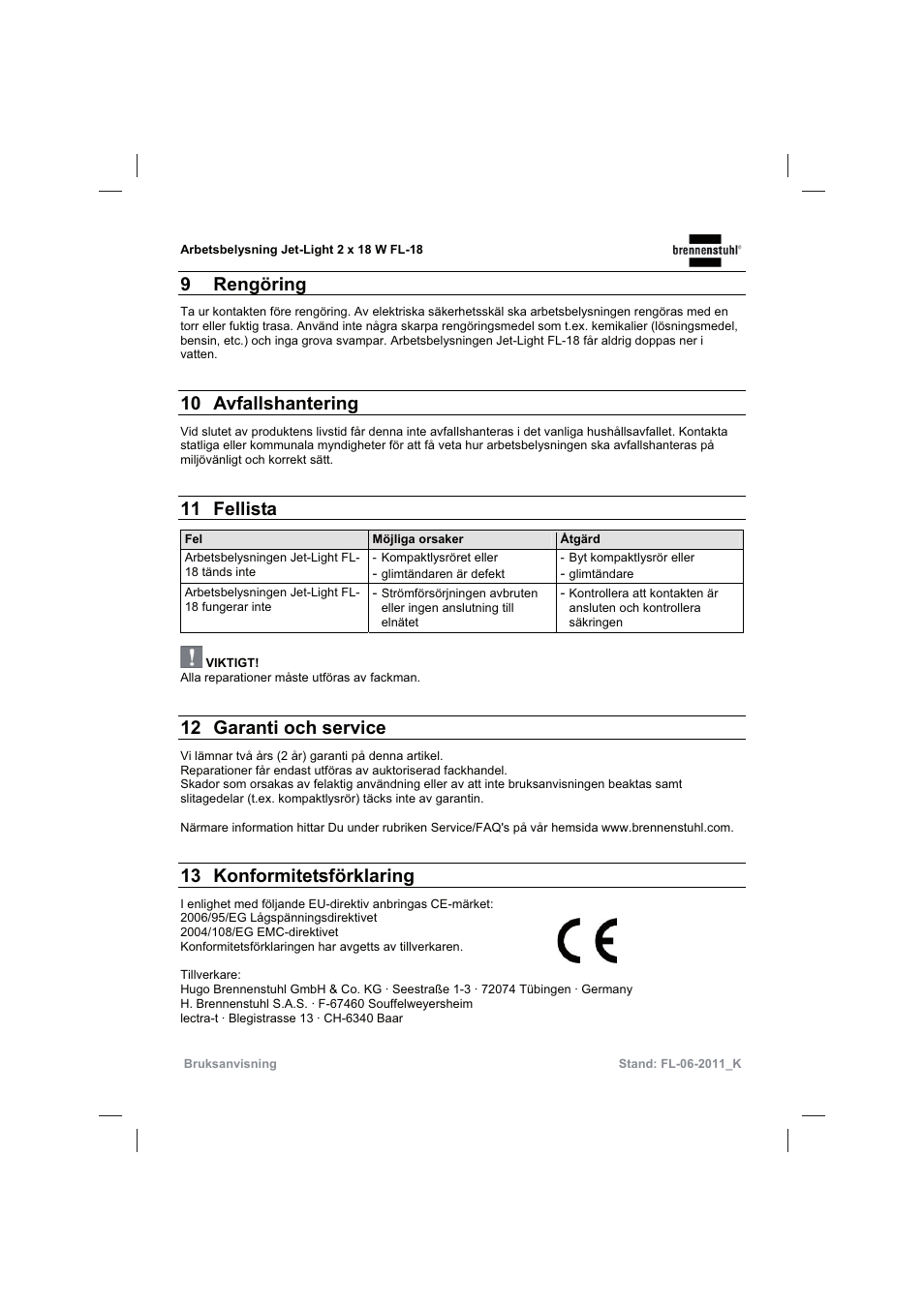 9 rengöring, 10 avfallshantering, 11 fellista | 12 garanti och service, 13 konformitetsförklaring | Brennenstuhl Flat Light Jet-Light 36Watt IP44 5m H07RN-F 2x1,0 2x18W 2x1200lm Energy efficiency class B User Manual | Page 42 / 64