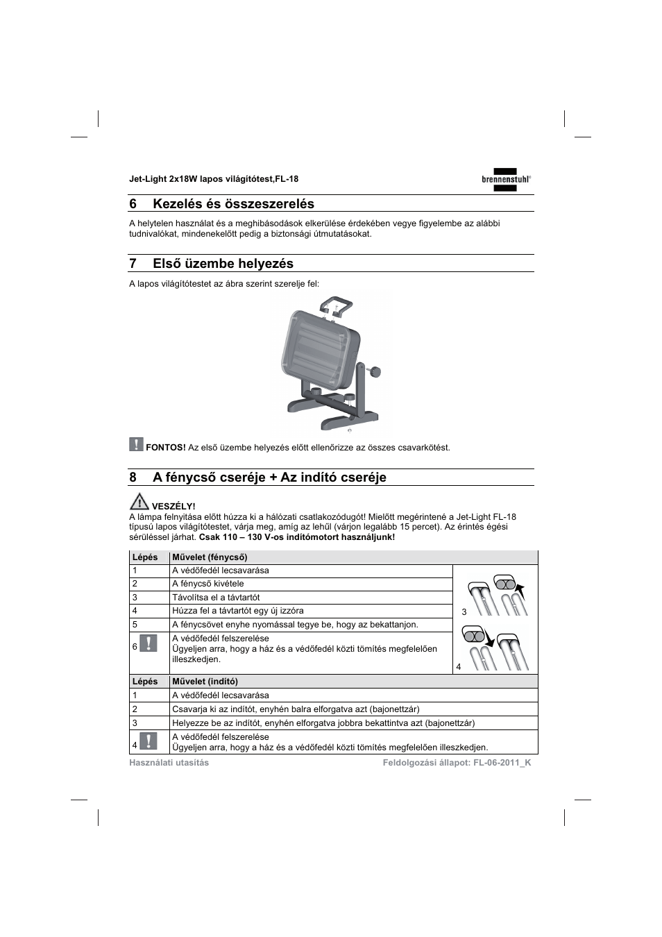 6kezelés és összeszerelés, 7elsę üzembe helyezés, 8a fénycsę cseréje + az indító cseréje | Brennenstuhl Flat Light Jet-Light 36Watt IP44 5m H07RN-F 2x1,0 2x18W 2x1200lm Energy efficiency class B User Manual | Page 51 / 64
